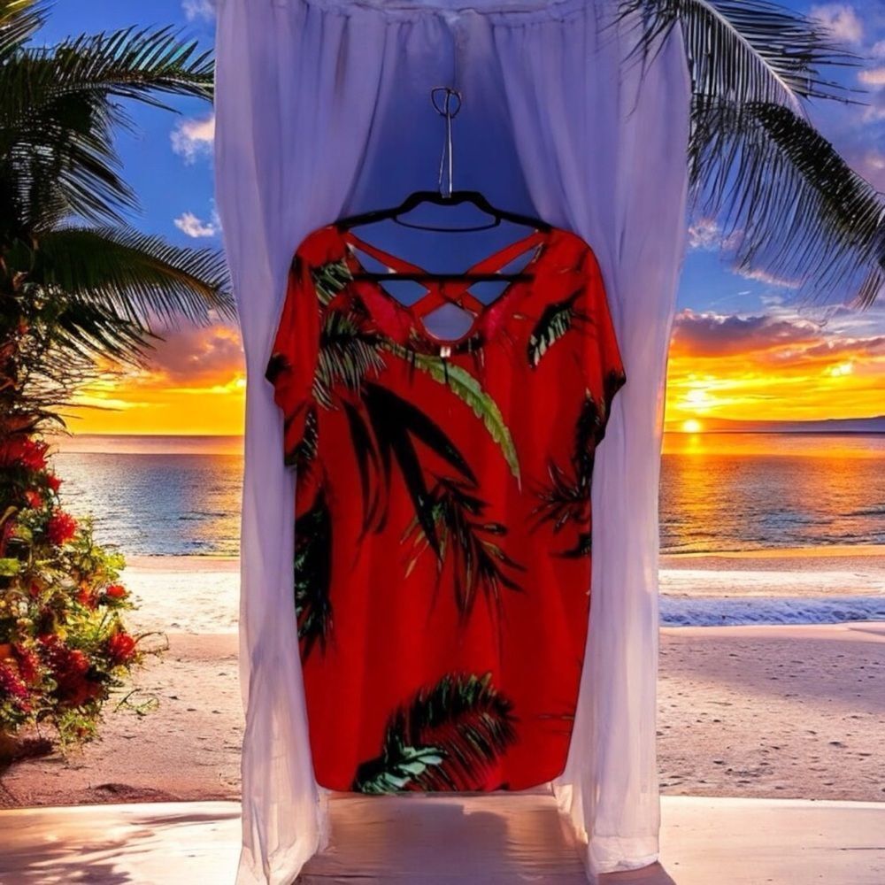 Emerald Tunic top Tropical strappy back Red. Size 2X Like new. Super cute - Picture 2 of 4